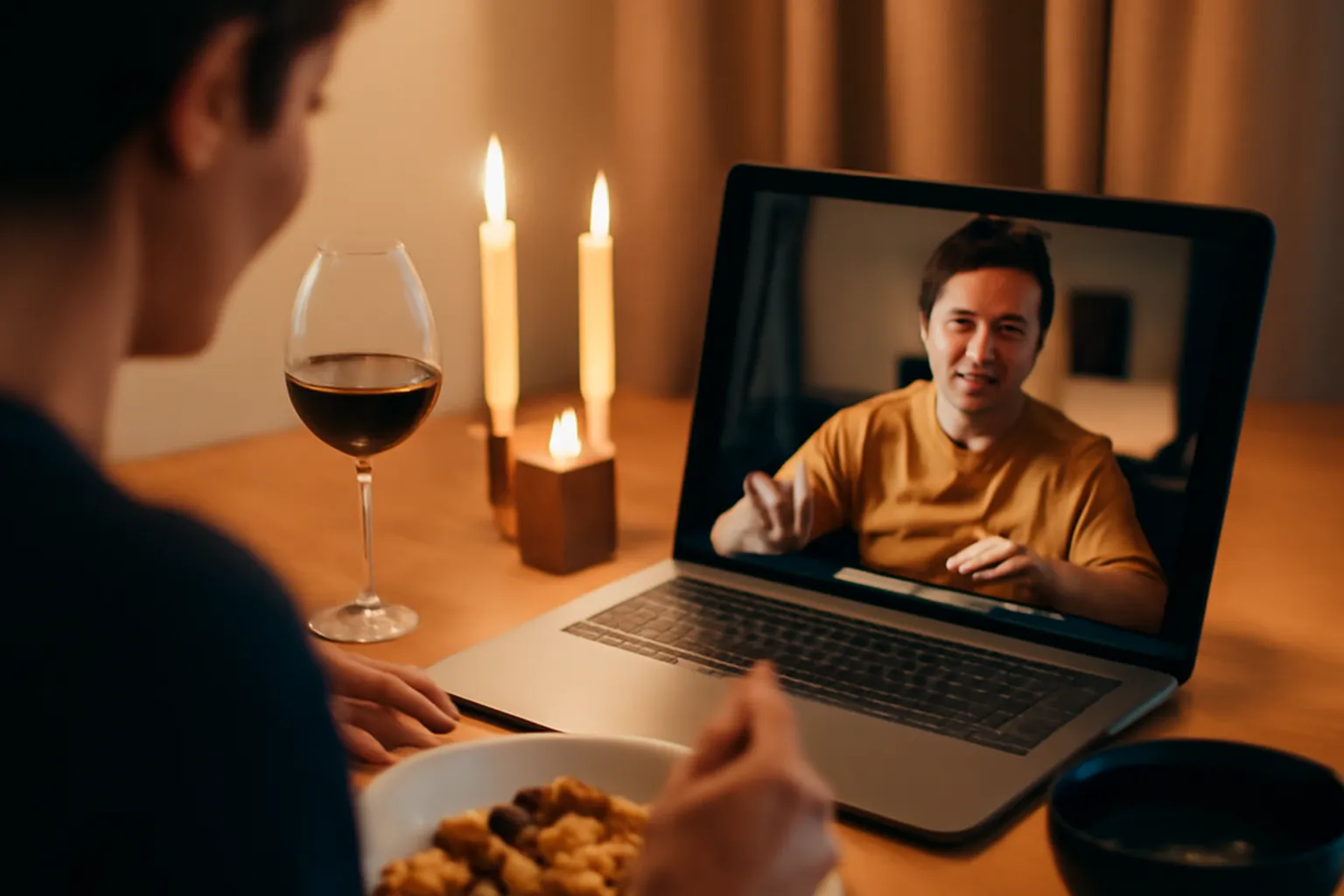 A couple on a video call sharing a virtual dinner date together