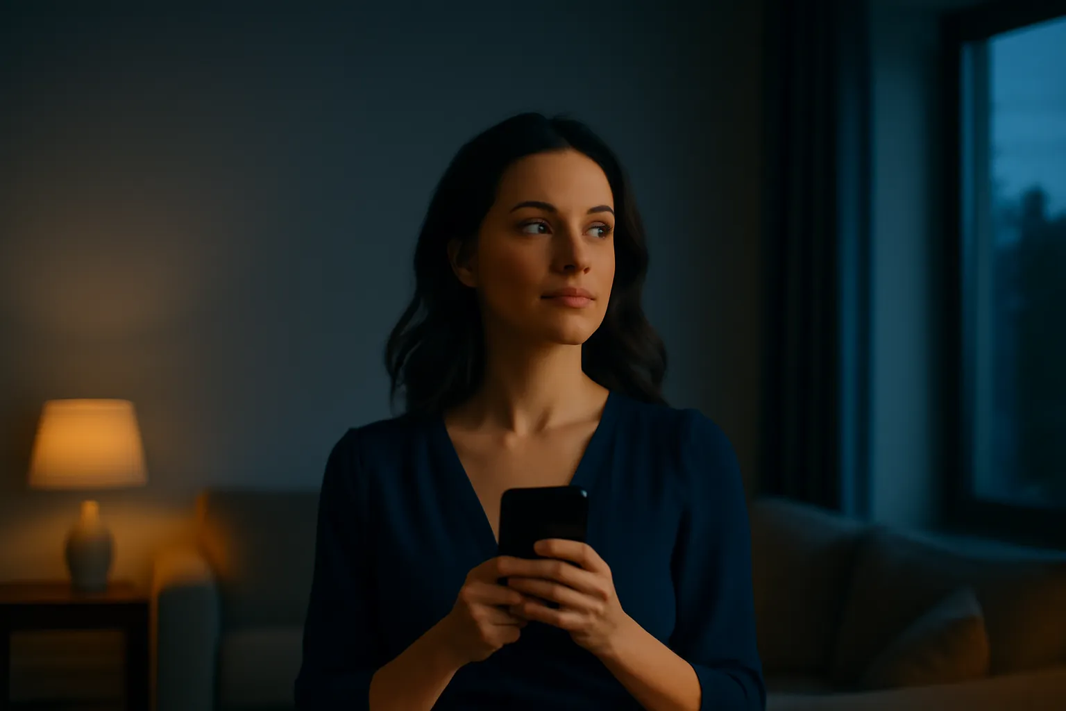 A woman holding her smartphone close at dusk in a dim living room, looking away thoughtfully