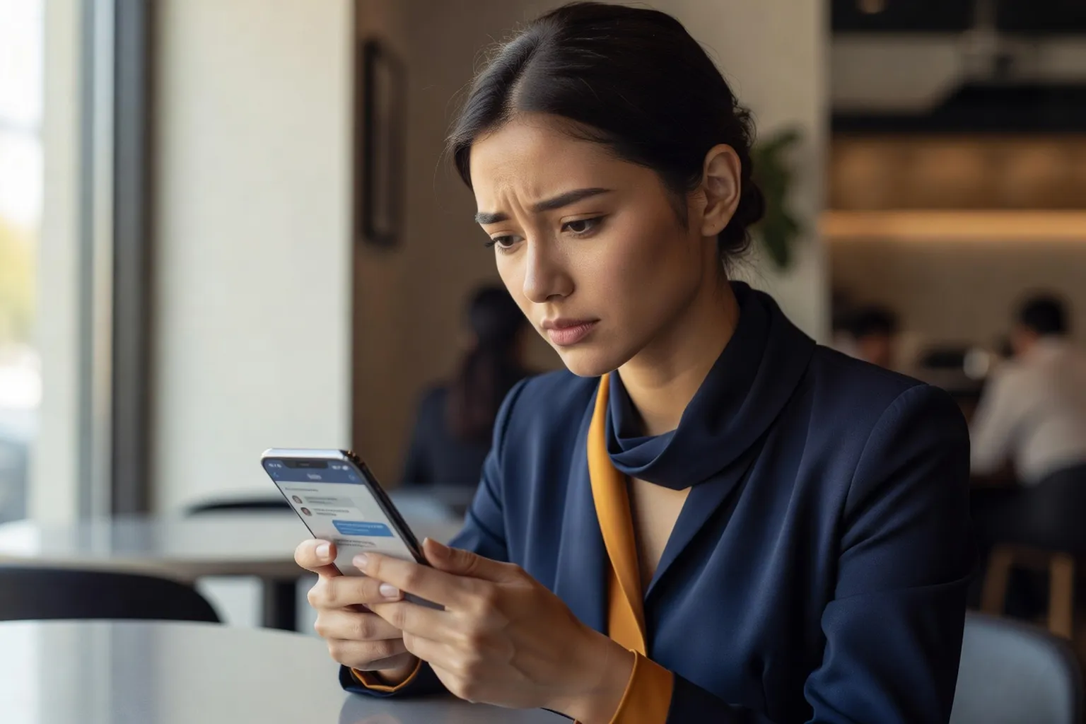 A person thoughtfully reading a text conversation on their phone, weighing a decision