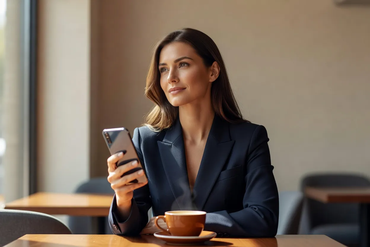 A woman in a cafe checking her smartphone with a thoughtful expression while deciding whether to keep a subscription