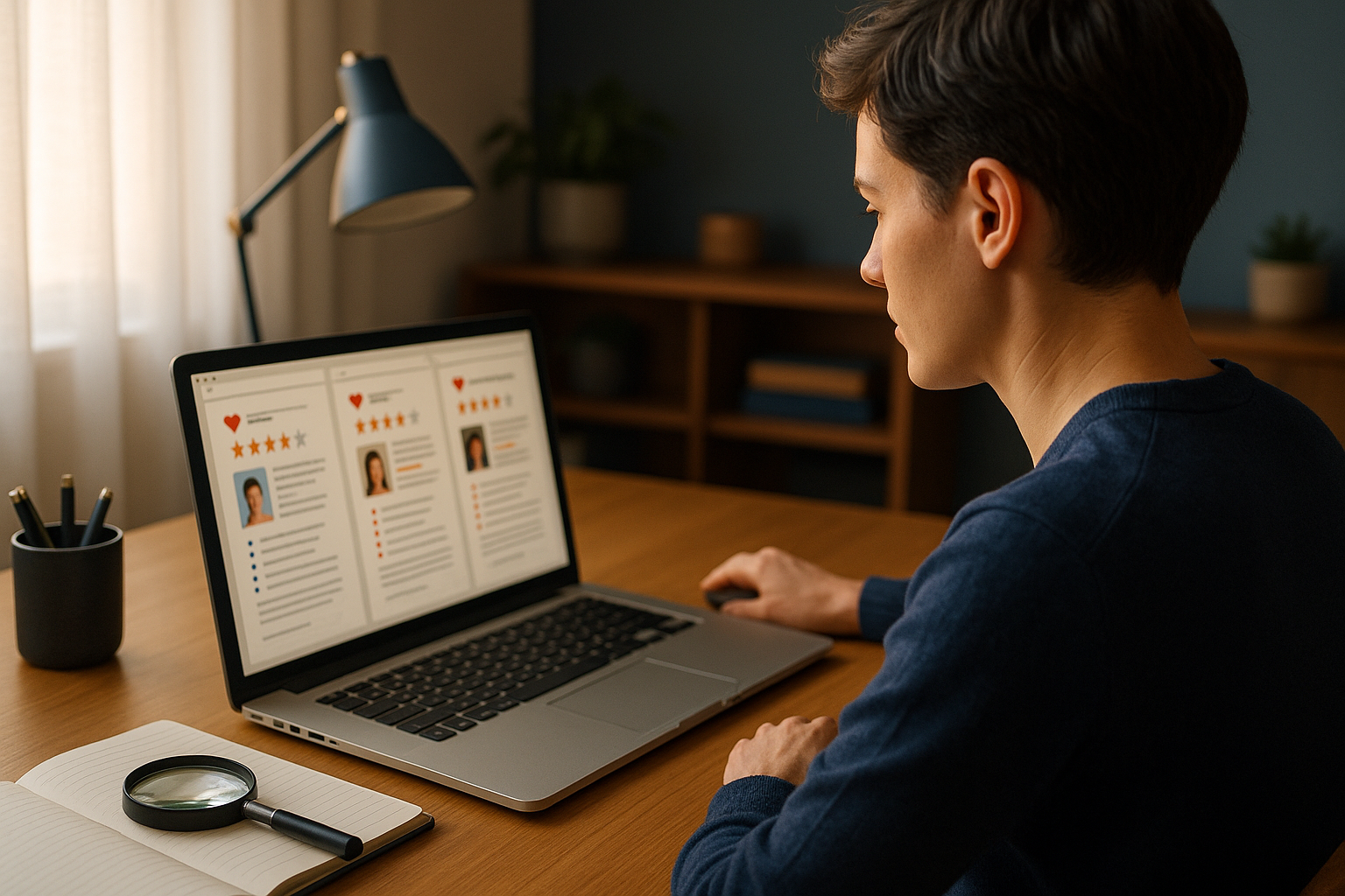 Person comparing dating site reviews on a laptop with rating stars and checkmarks