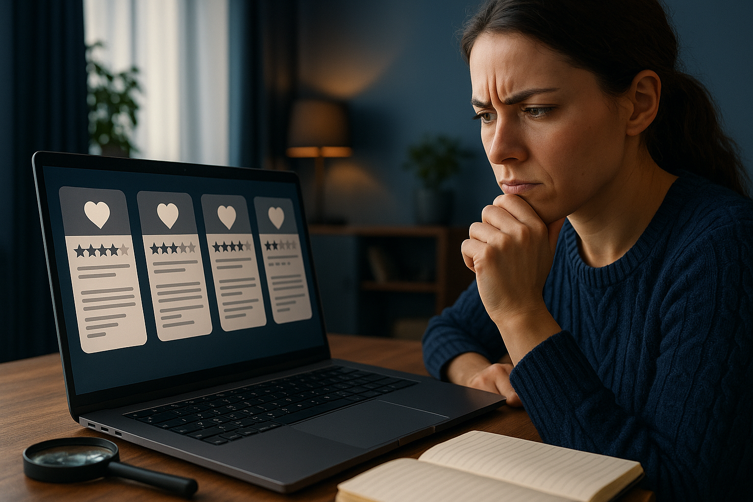 A person comparing multiple dating review pages on a laptop screen