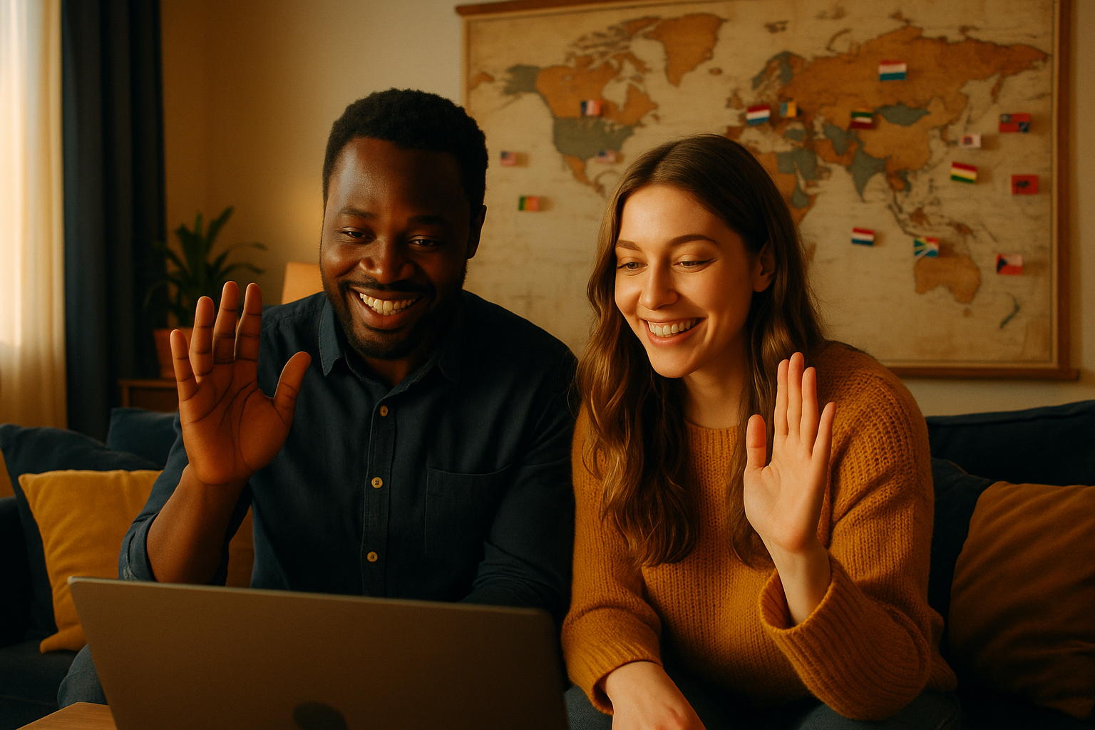 Two people from different cultures video chatting on a laptop with a world map in the background