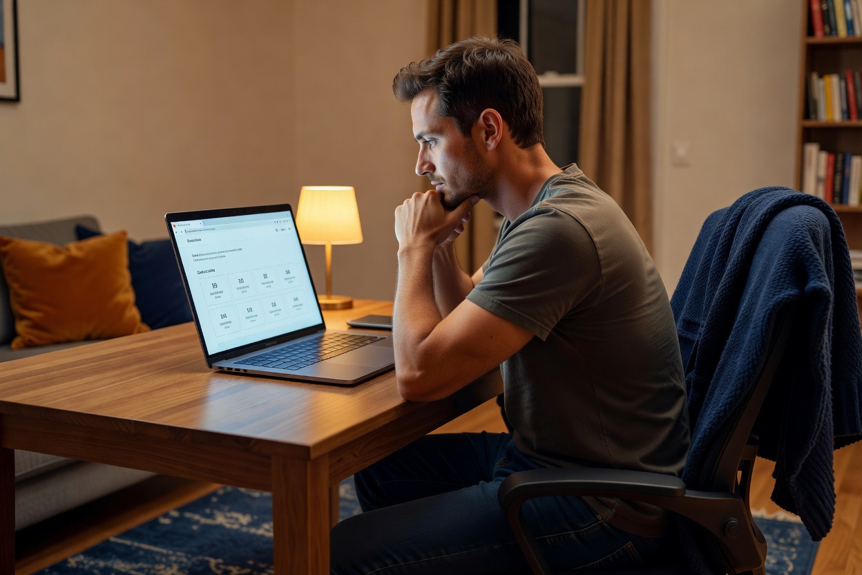 A man checking the LatinFeels credit balance and pricing page on a laptop before a video date