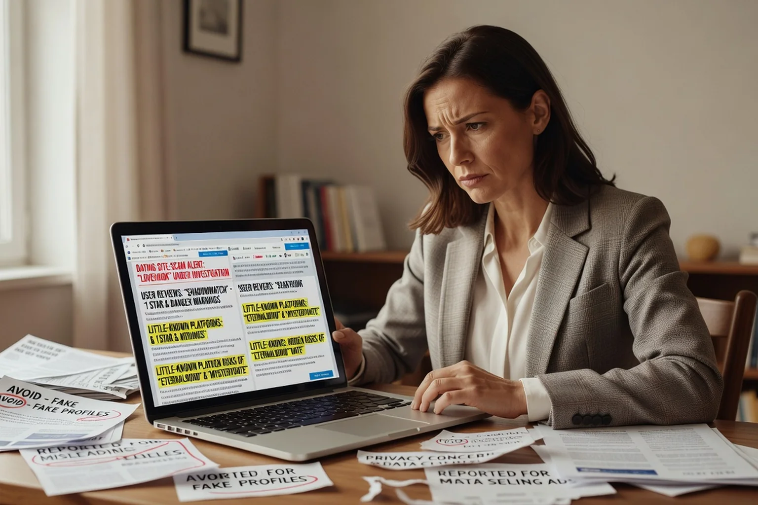 A cautious user researching little-known dating sites on a laptop with review pages open