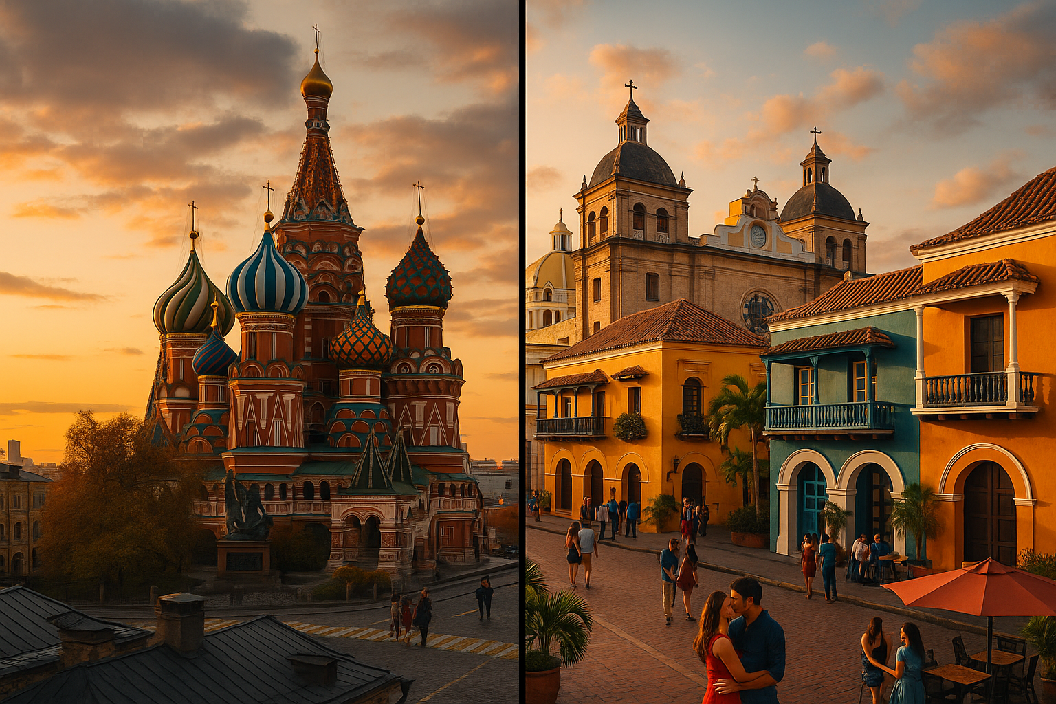 A split screen showing a Russian cityscape and a Latin American plaza as dating niche symbols
